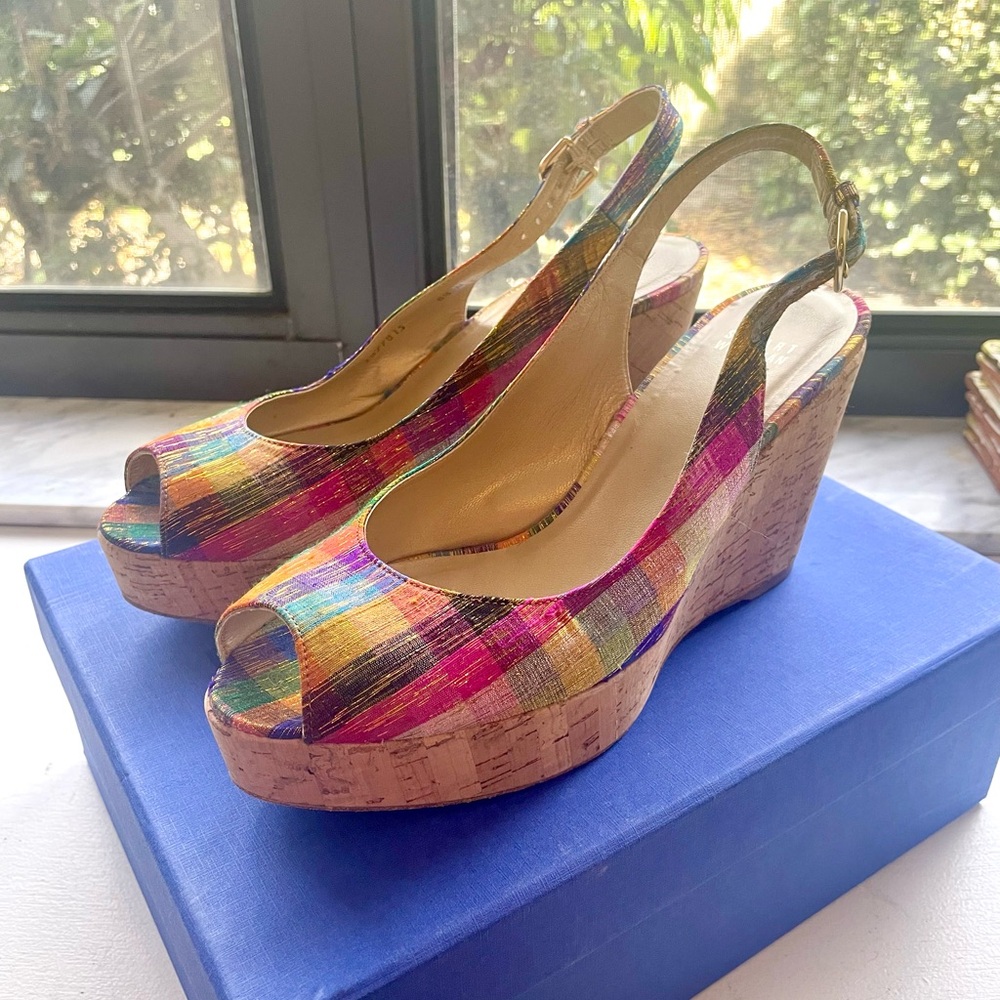 Stuart Weitzman - Size 8.5 Colorful Woven Metallic Peep Toe Wedge